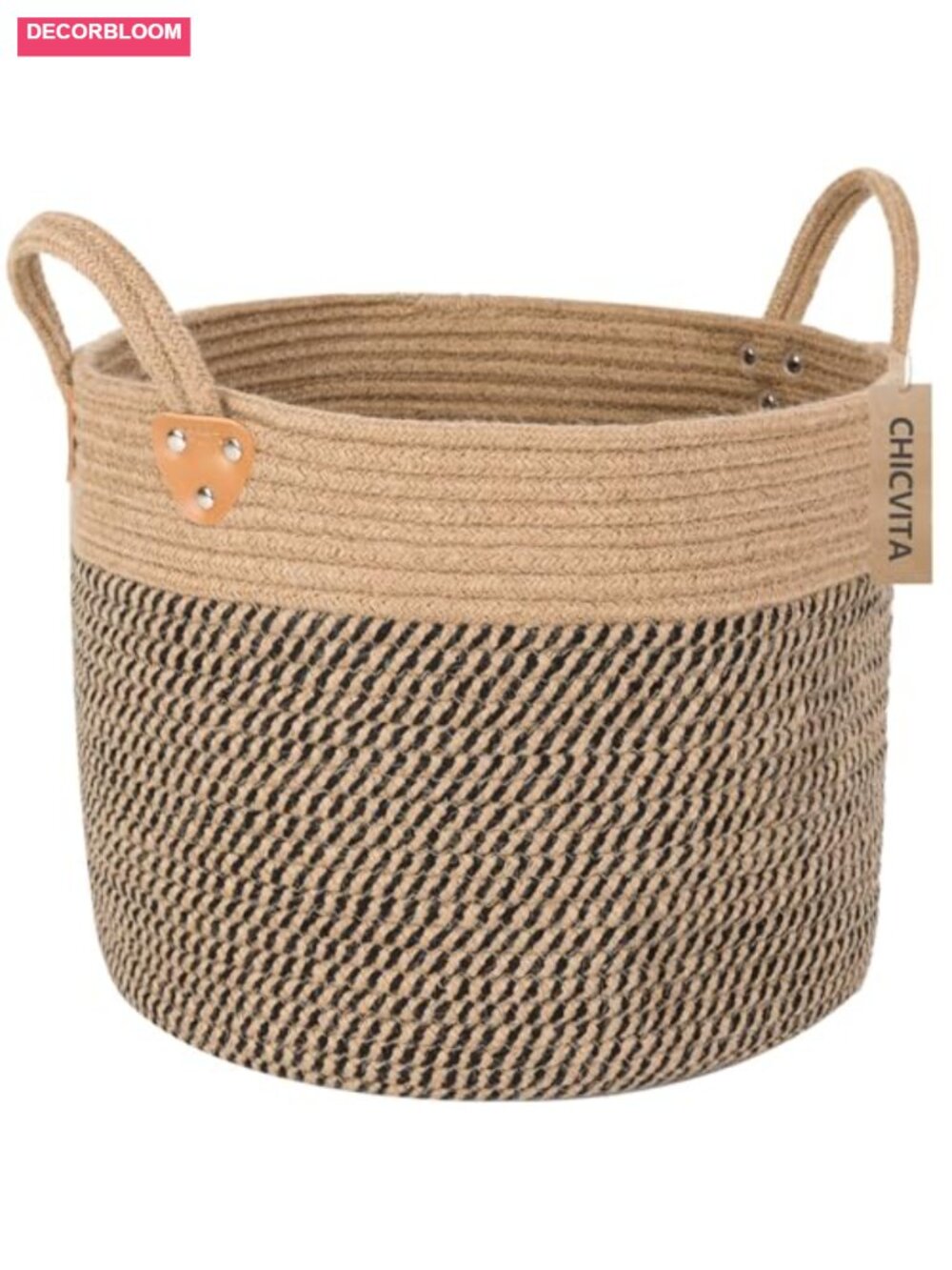 Large Woven Jute Storage Basket with Leather Handles Decor